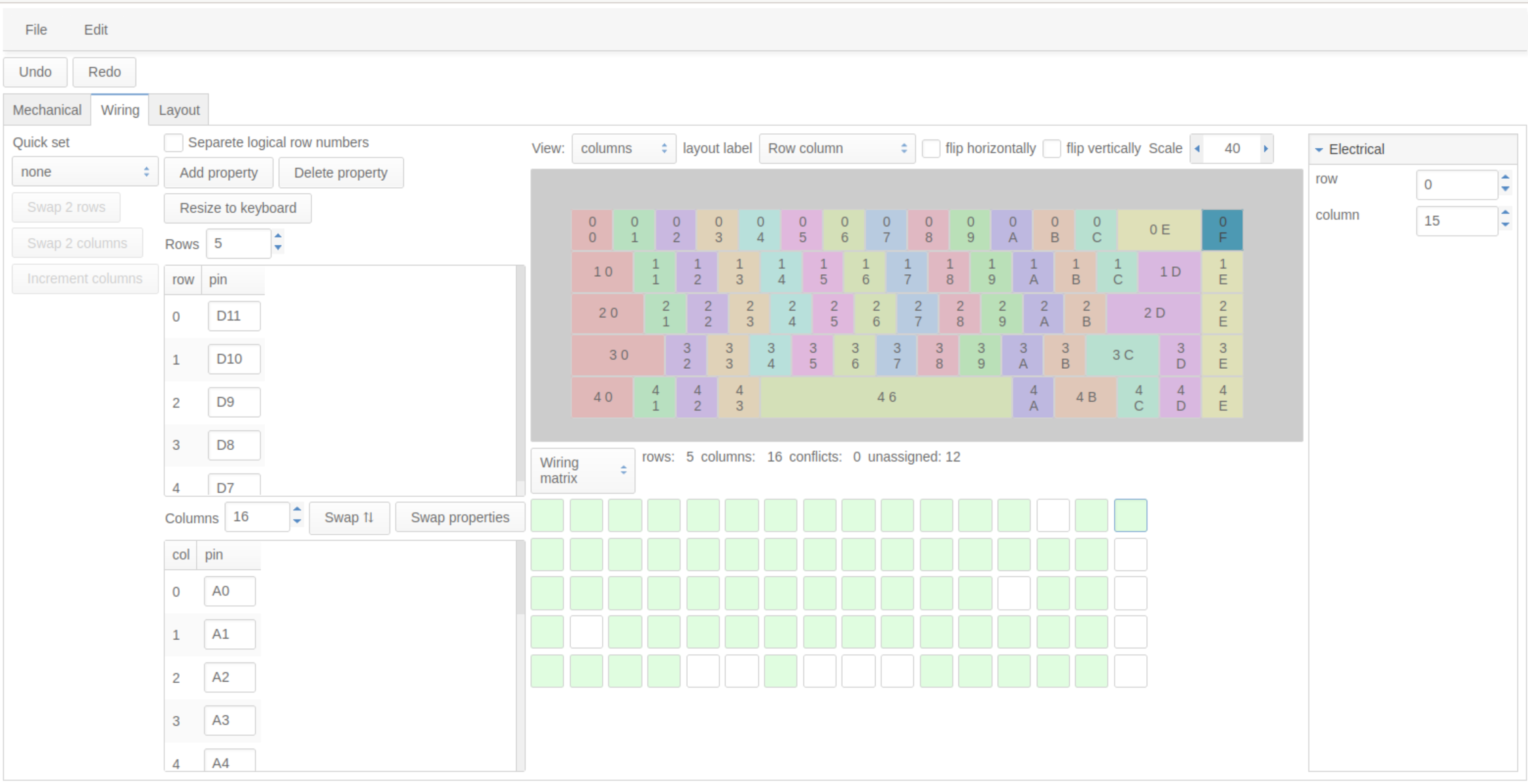 Keyboard editor, row column assignment